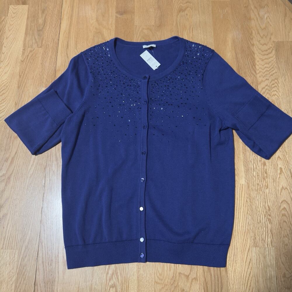 NWT Talbots Petites LP Blue Rhinestone Embellished Cotton Cardigan Sweater